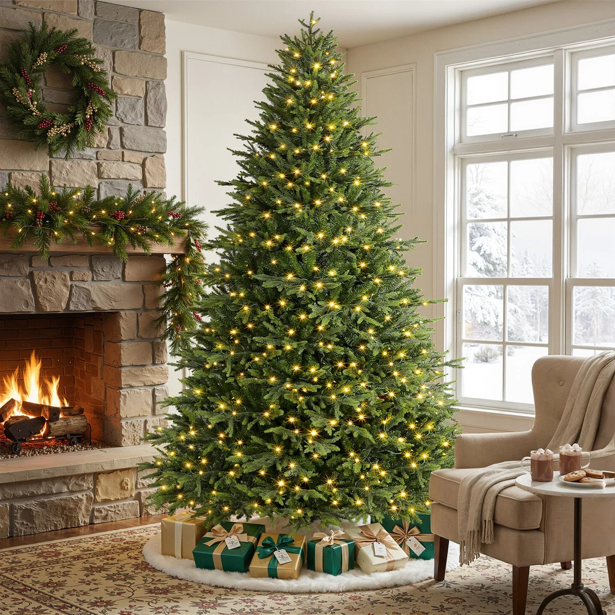 Christmas tree with warm white lights and wrapped gifts in a living room