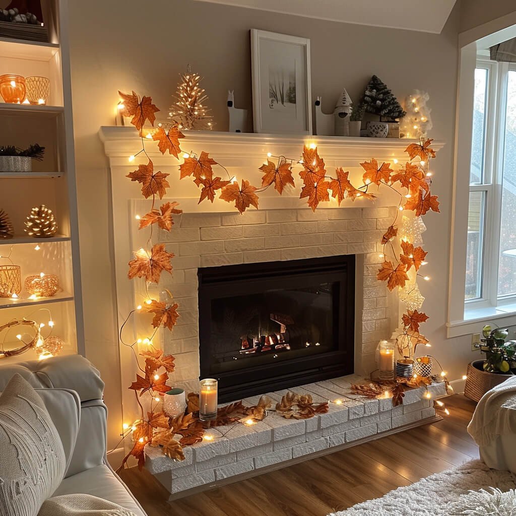 Glistening Glow Garlands with orange autumn leaves and lights arranged around a mantel