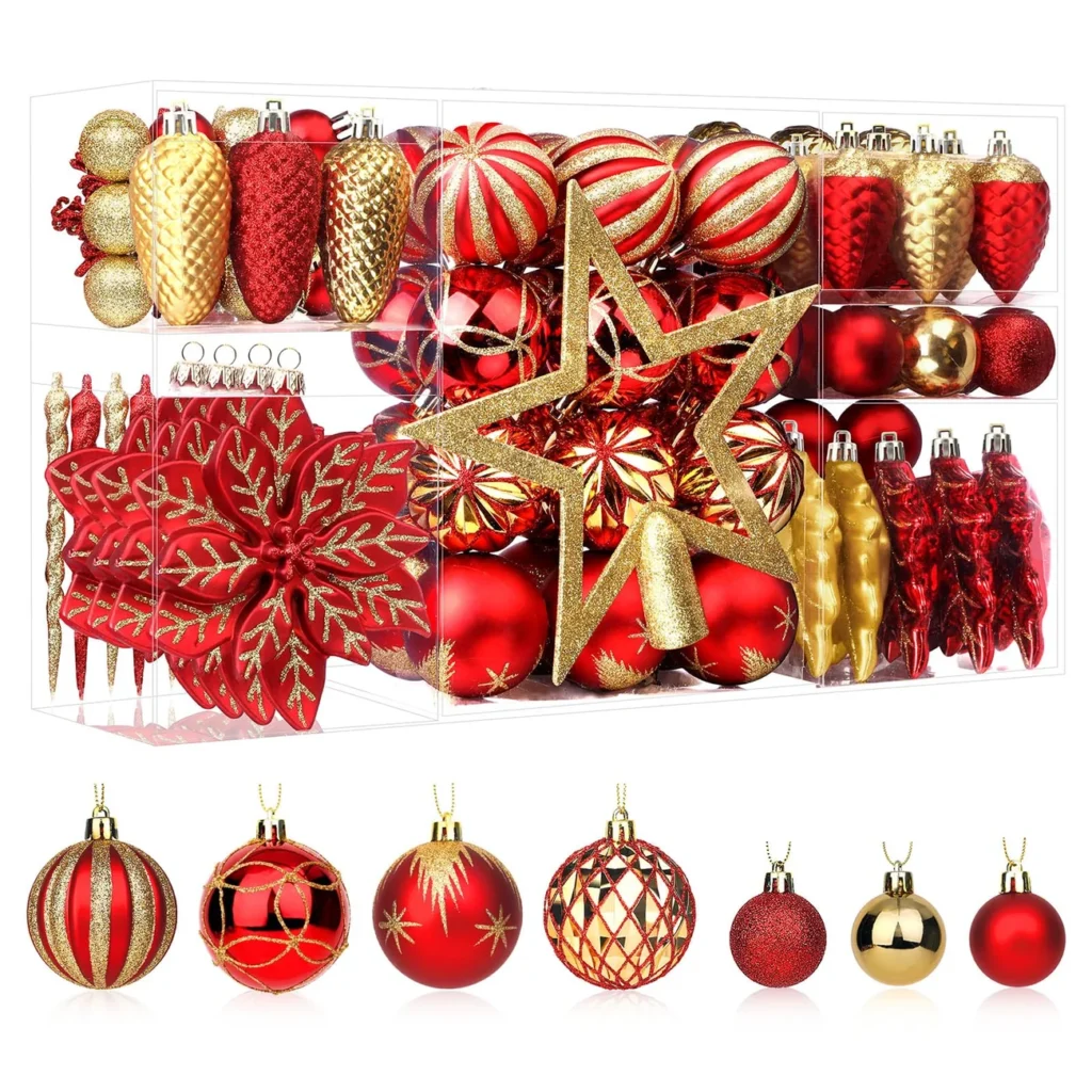 106 PCS Red and Gold Christmas Ornaments ball set