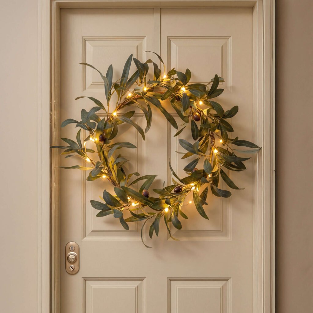 Enchanted Olive Wreath with olive-style leaves, dark olive accents, and warm-looking lights on a door