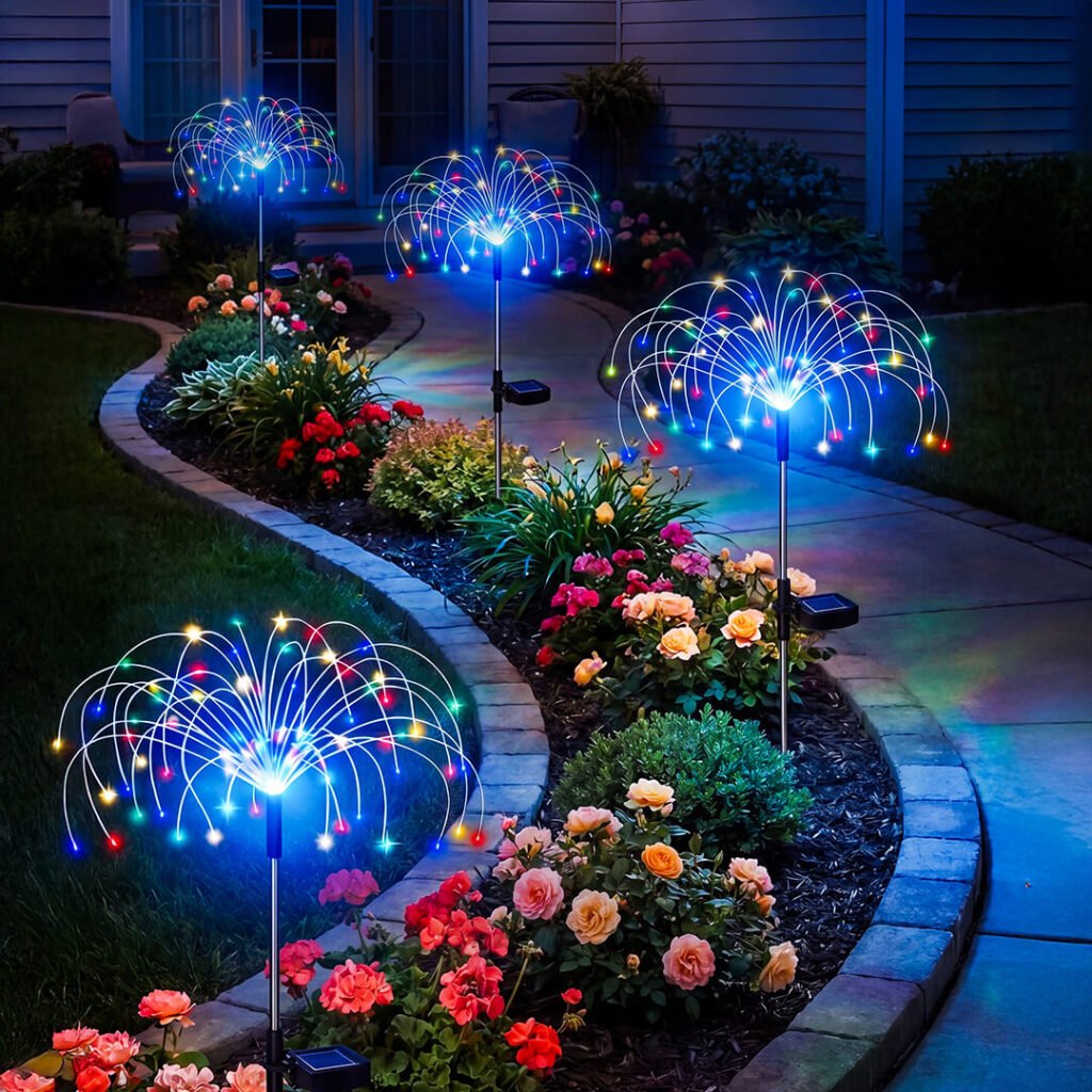 Glowing Galaxy Garden Light display with curved illuminated strands and colorful lights beside a garden path