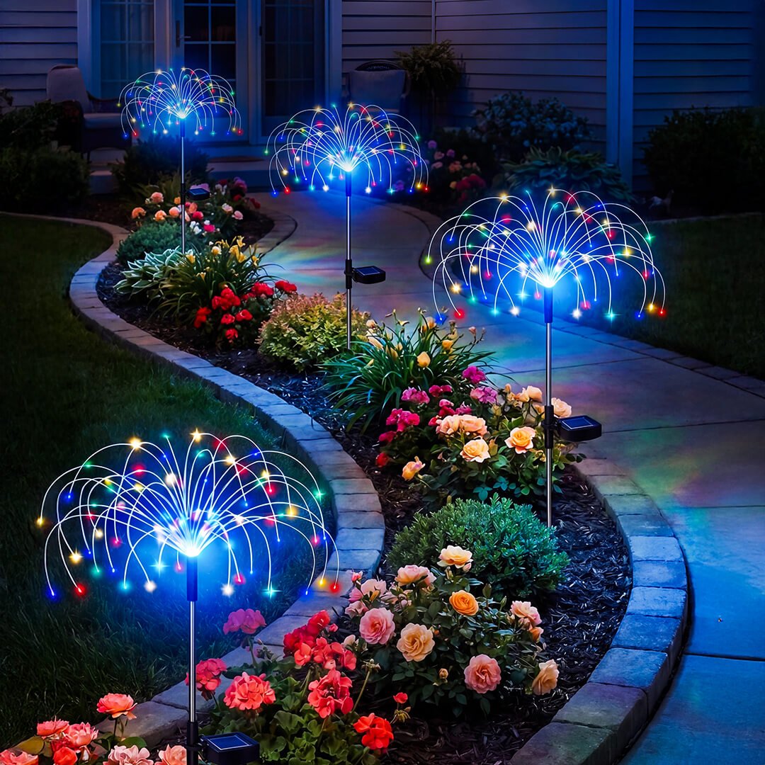 Glowing Galaxy Garden Light display with curved illuminated strands and colorful lights beside a garden path