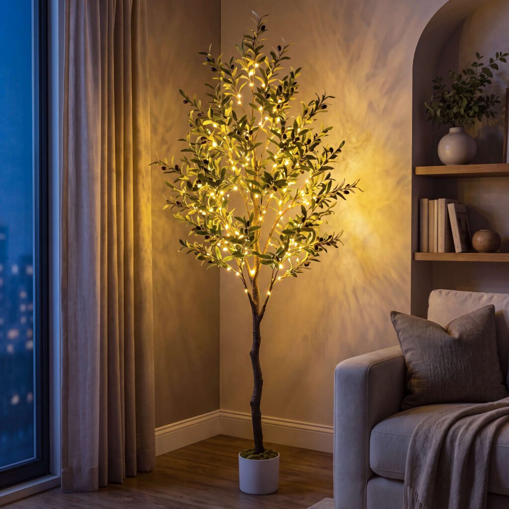 Olive Oasis Tree with illuminated branches, olive-style leaves, and dark olive accents, shown in a white pot