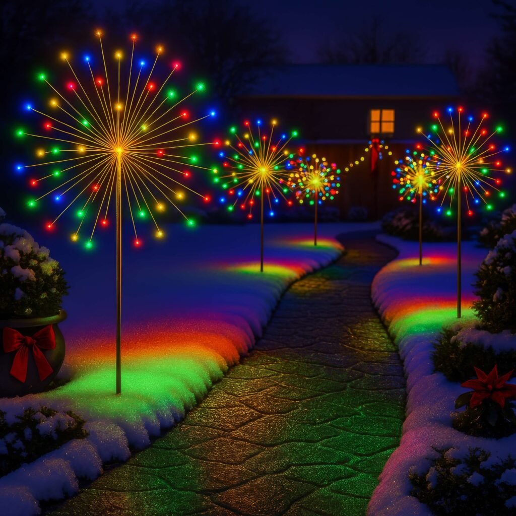 Radiant Rainbow Light display with multicolor starburst shapes on stakes beside a snowy path