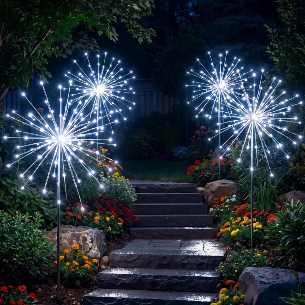 Stellar Starburst Light display with white illuminated spokes on stakes beside a garden path