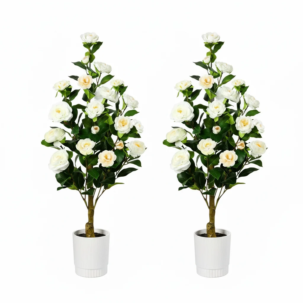 White Artificial Camellia Tree two-pack with white floral detail
