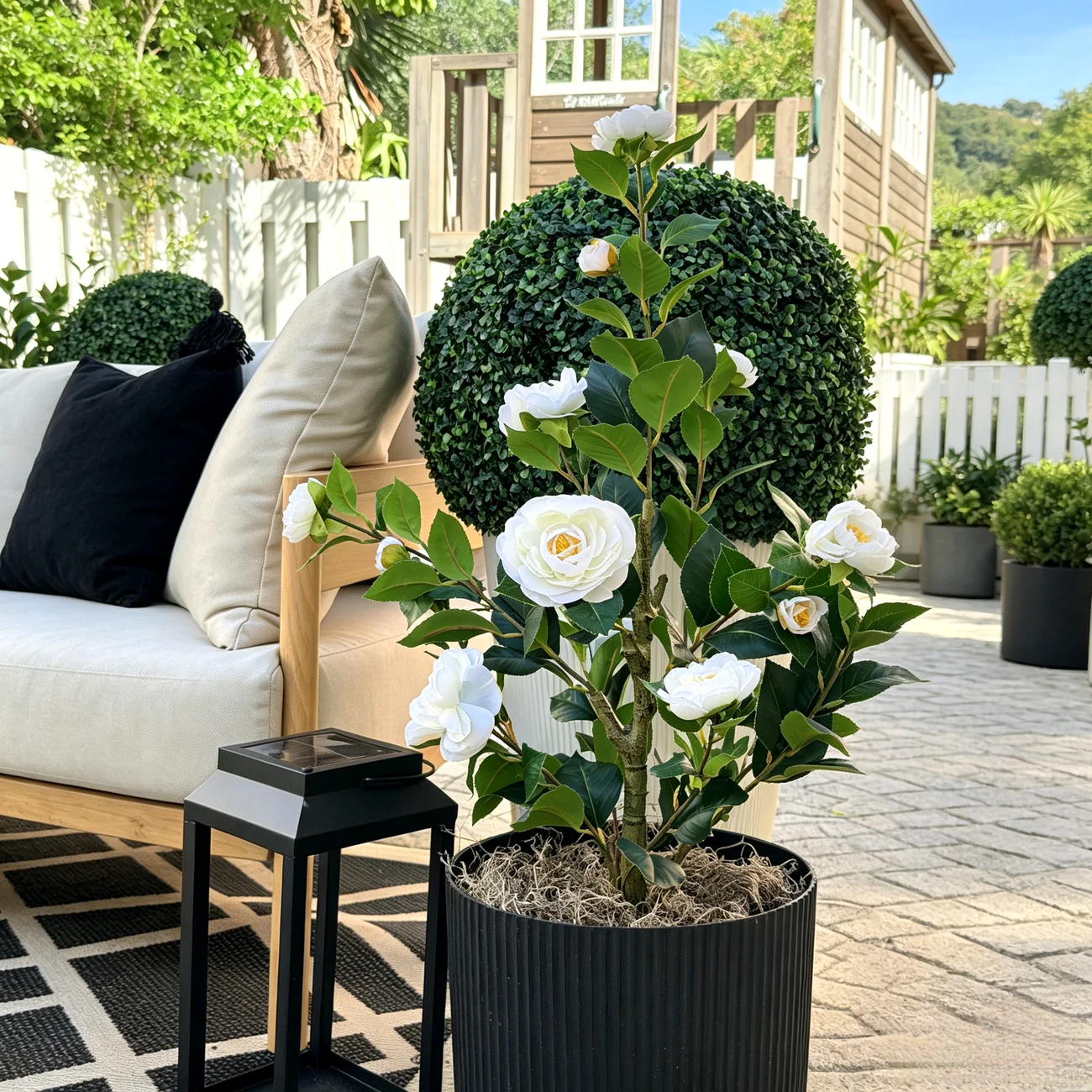 White Artificial Camellia Tree – 2-Pack Faux Flowering Tree Set - Image 3