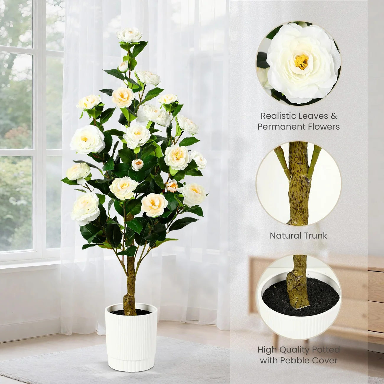 White Artificial Camellia Tree – 2-Pack Faux Flowering Tree Set - Image 5