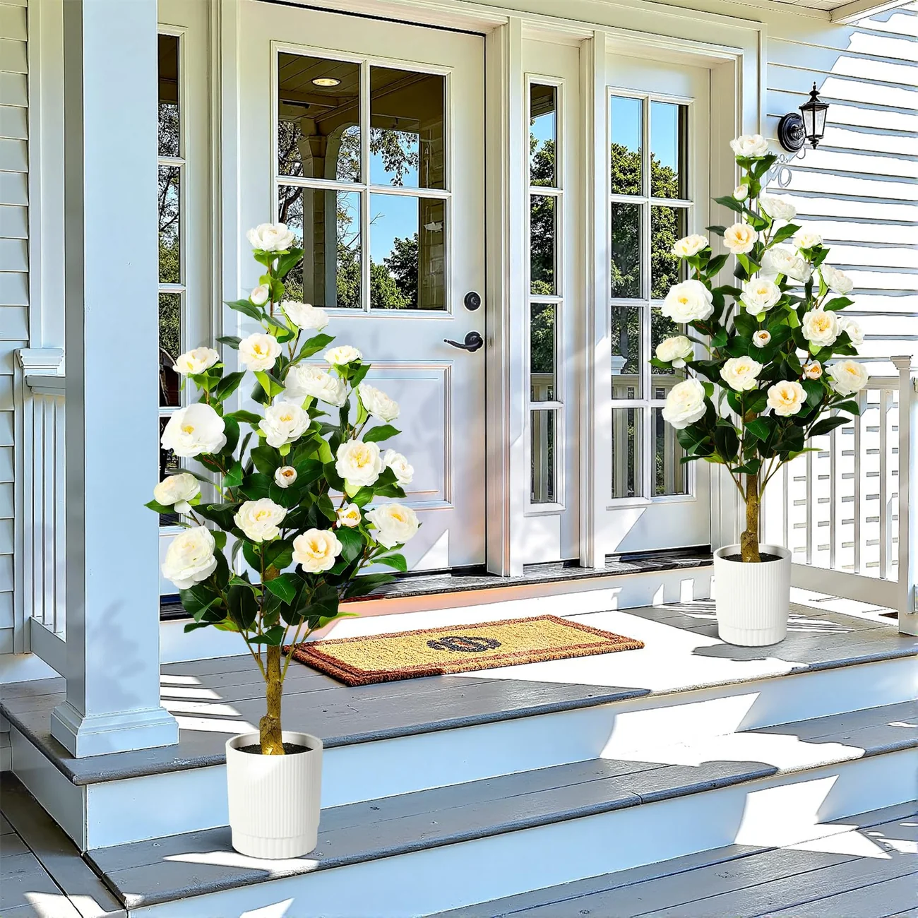White Artificial Camellia Tree – 2-Pack Faux Flowering Tree Set - Image 7