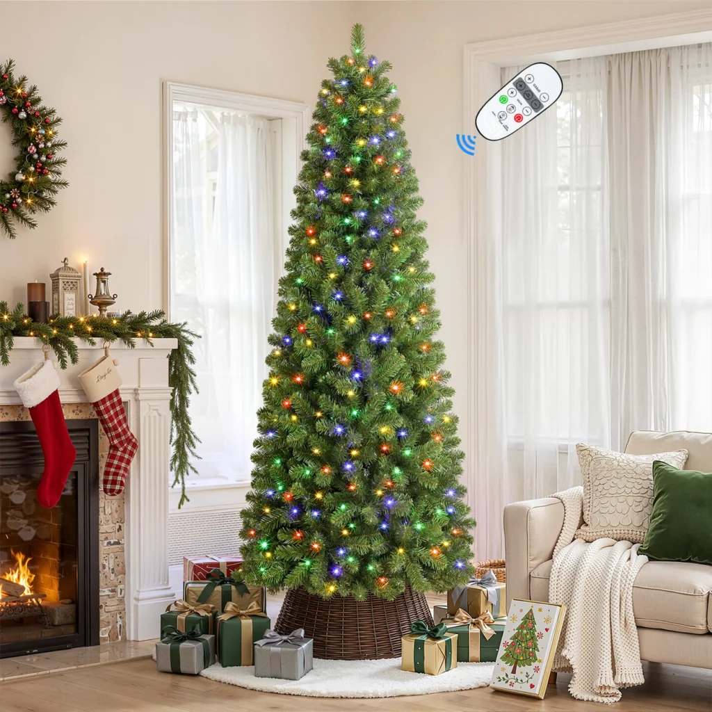 Pencil Spruce artificial Christmas tree with multi-color LED lights