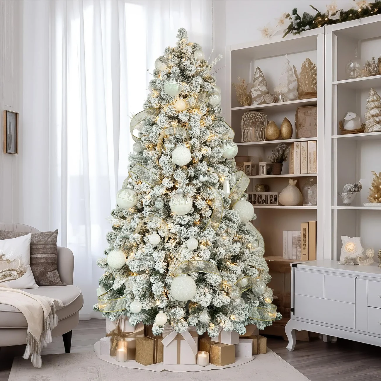 Pre-lit White Flocked Spruce Artificial Christmas Tree with Warm White Lights - Image 11