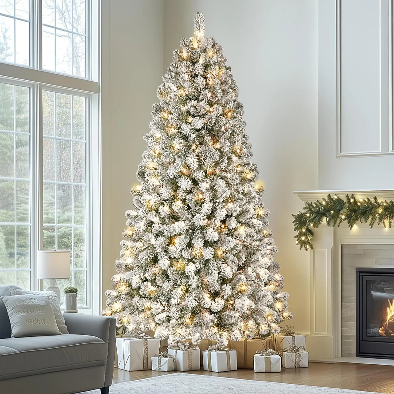 Pre-lit White Flocked Spruce Artificial Christmas Tree with Warm White Lights - Image 19