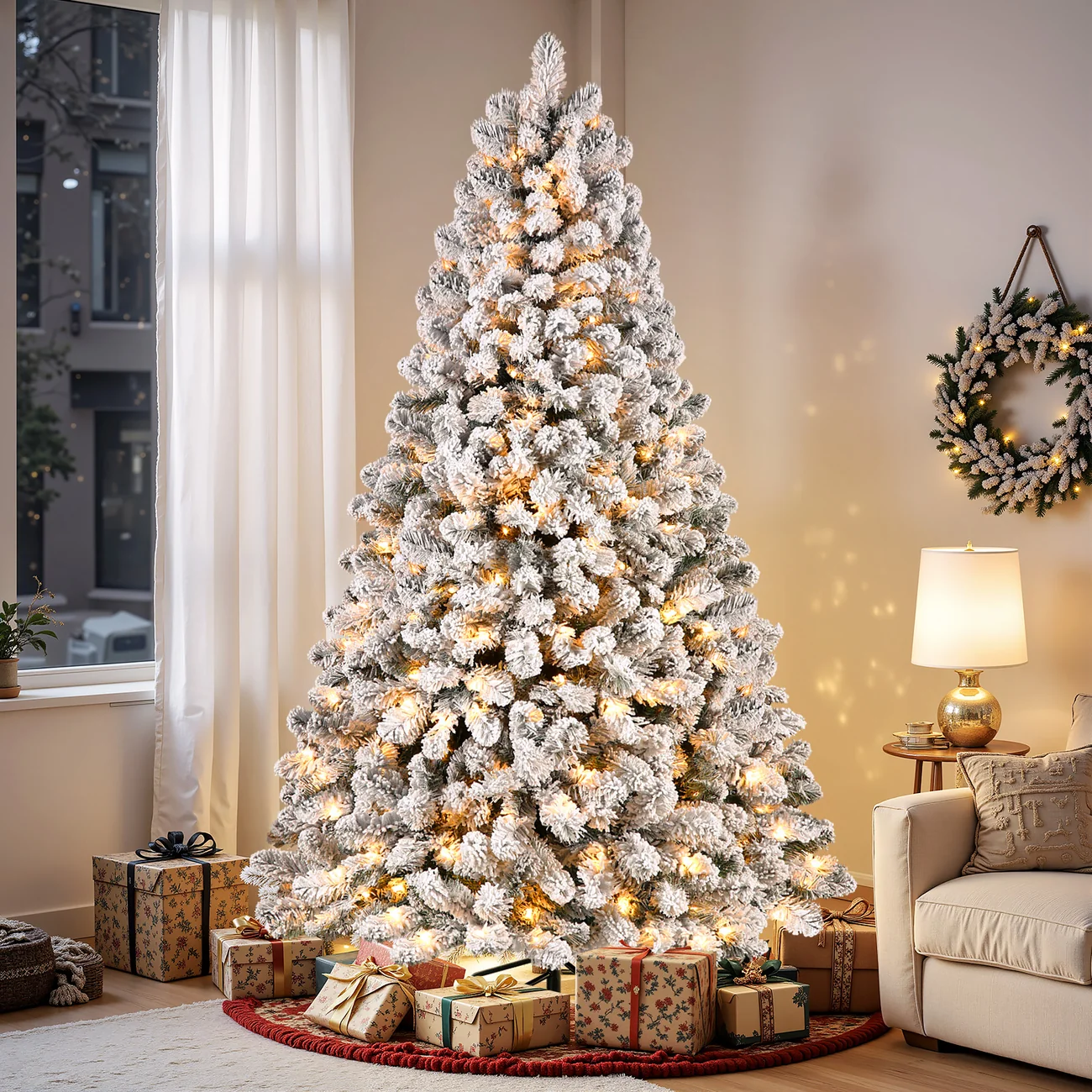 Pre-lit White Flocked Spruce Artificial Christmas Tree with Warm White Lights - Image 2