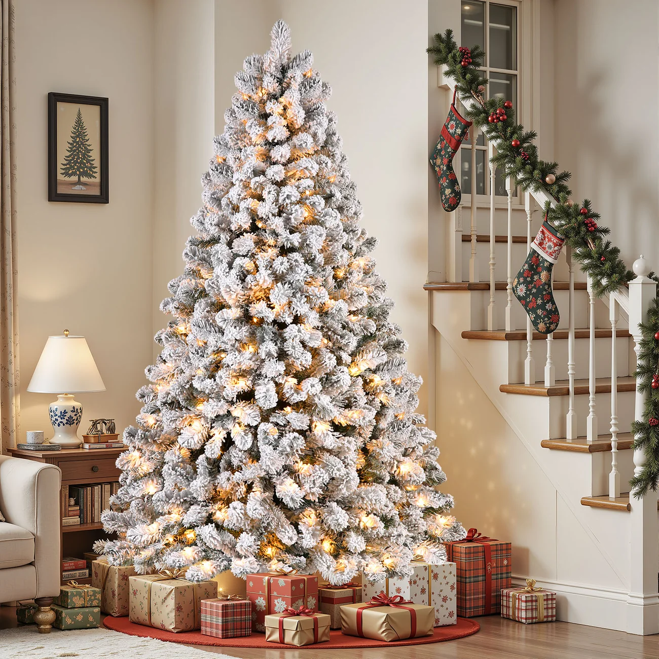 Pre-lit White Flocked Spruce Artificial Christmas Tree with Warm White Lights - Image 20