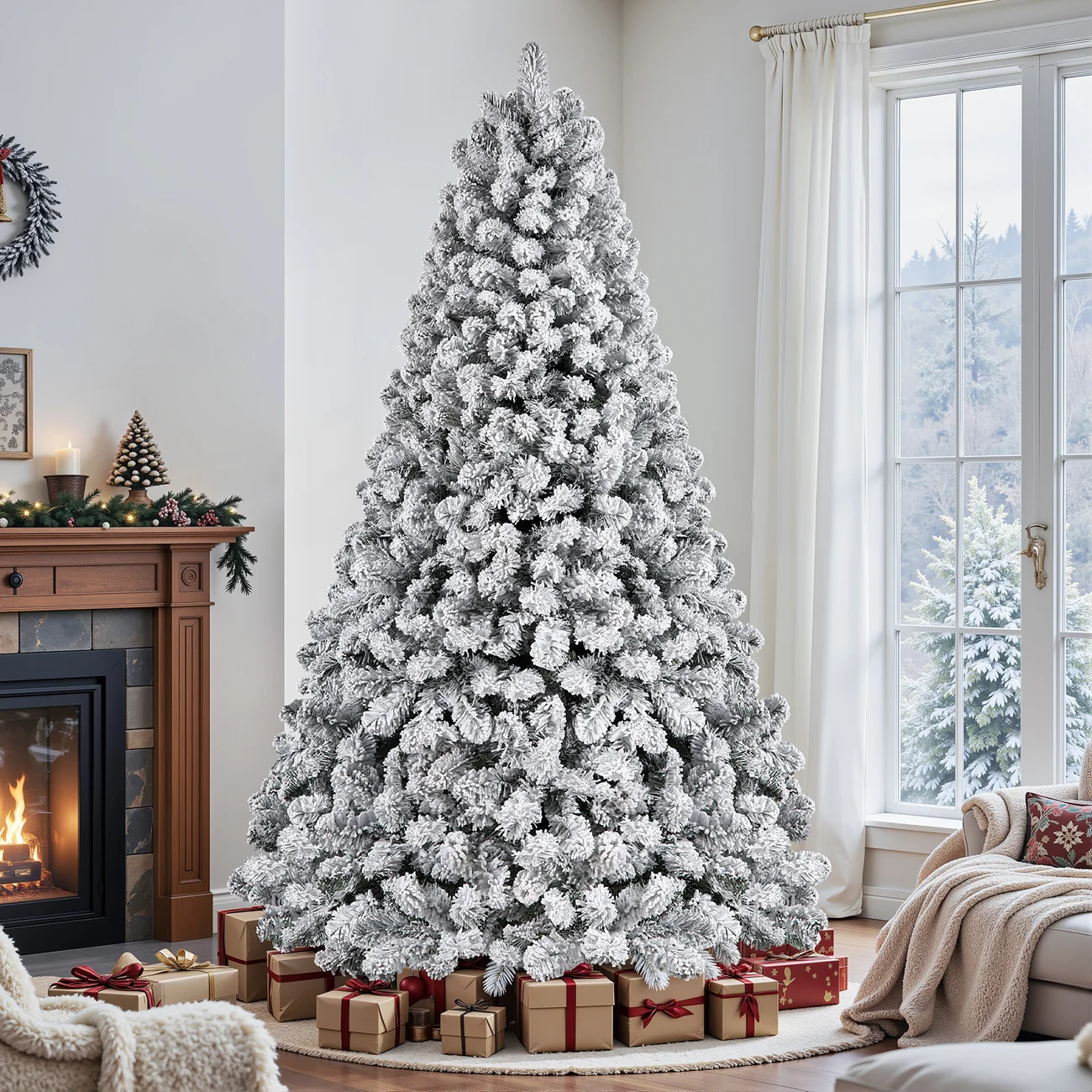 Pre-lit White Flocked Spruce Artificial Christmas Tree with Warm White Lights - Image 6
