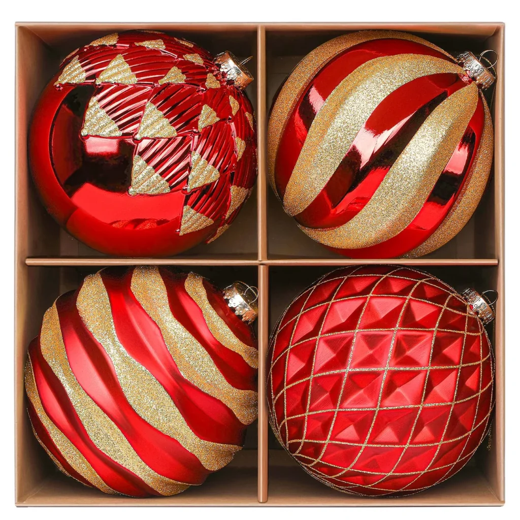 Four Large Christmas Ball Ornaments in red and gold, approximately 150mm