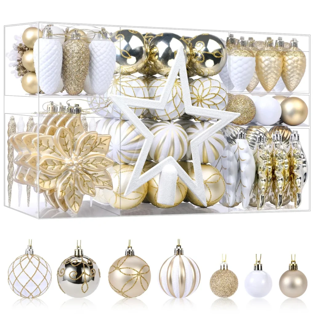 106-piece Gold and White Ornament Set of Christmas ball ornaments