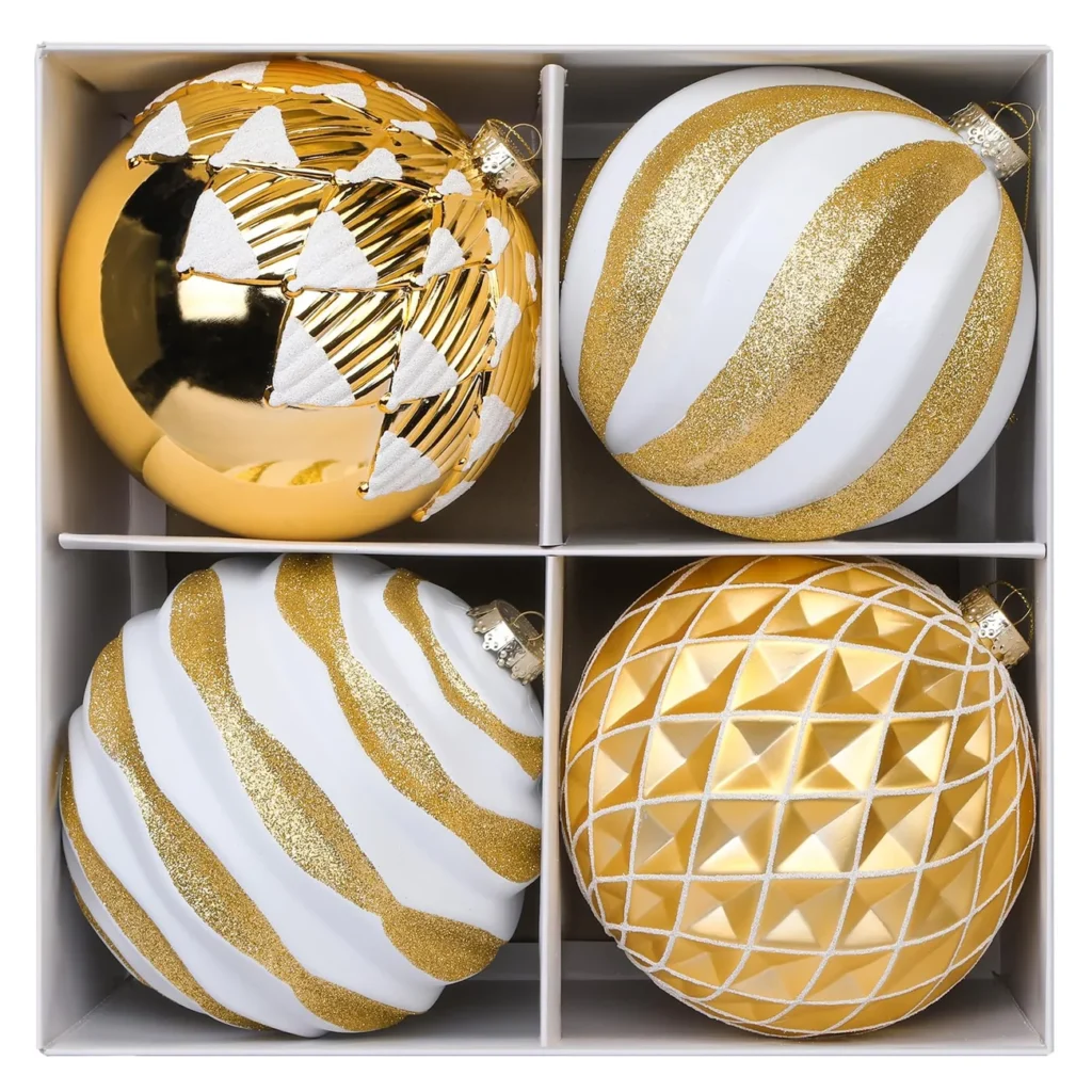 Four large Gold and White Christmas Balls with hooks, approximately 150mm