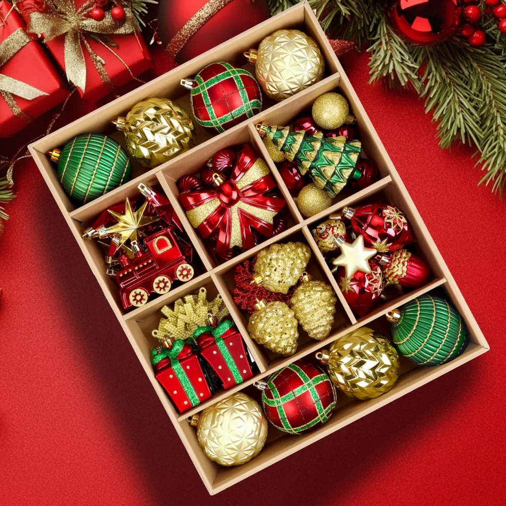 82-piece Gold Red and Green Christmas Balls ornaments set with hanging strings
