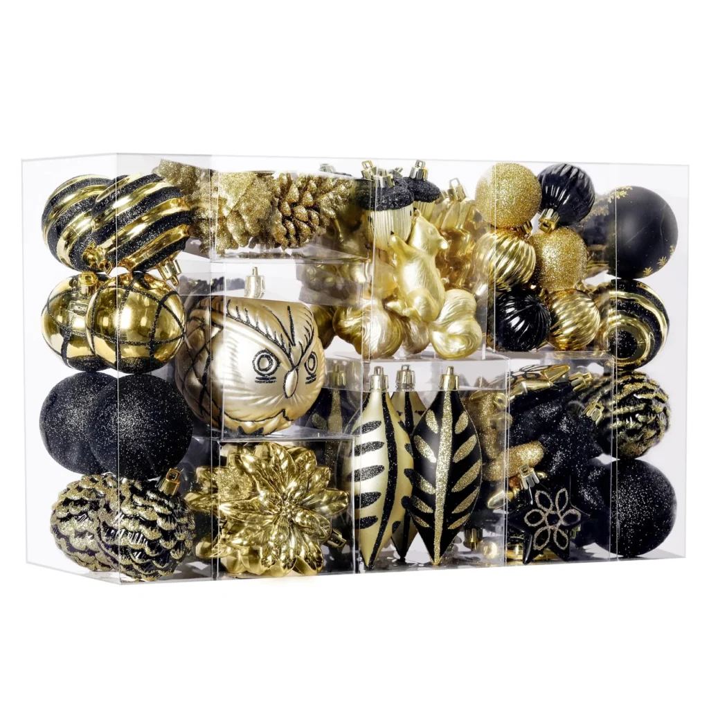 96-piece Black and Gold Christmas Ornaments set with forest themes and animal designs