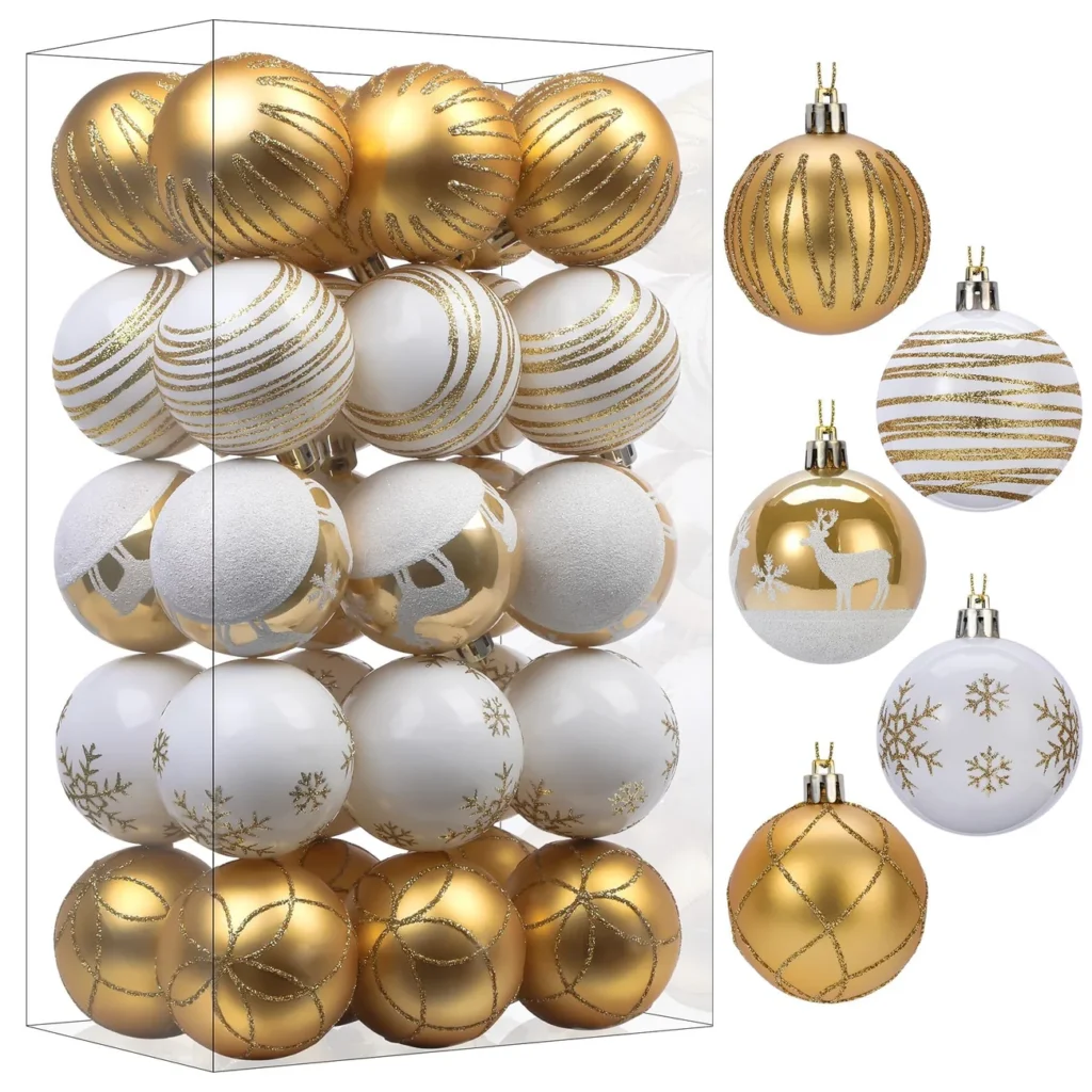 30ct Gold and White Christmas Baubles measuring 2.36 inches