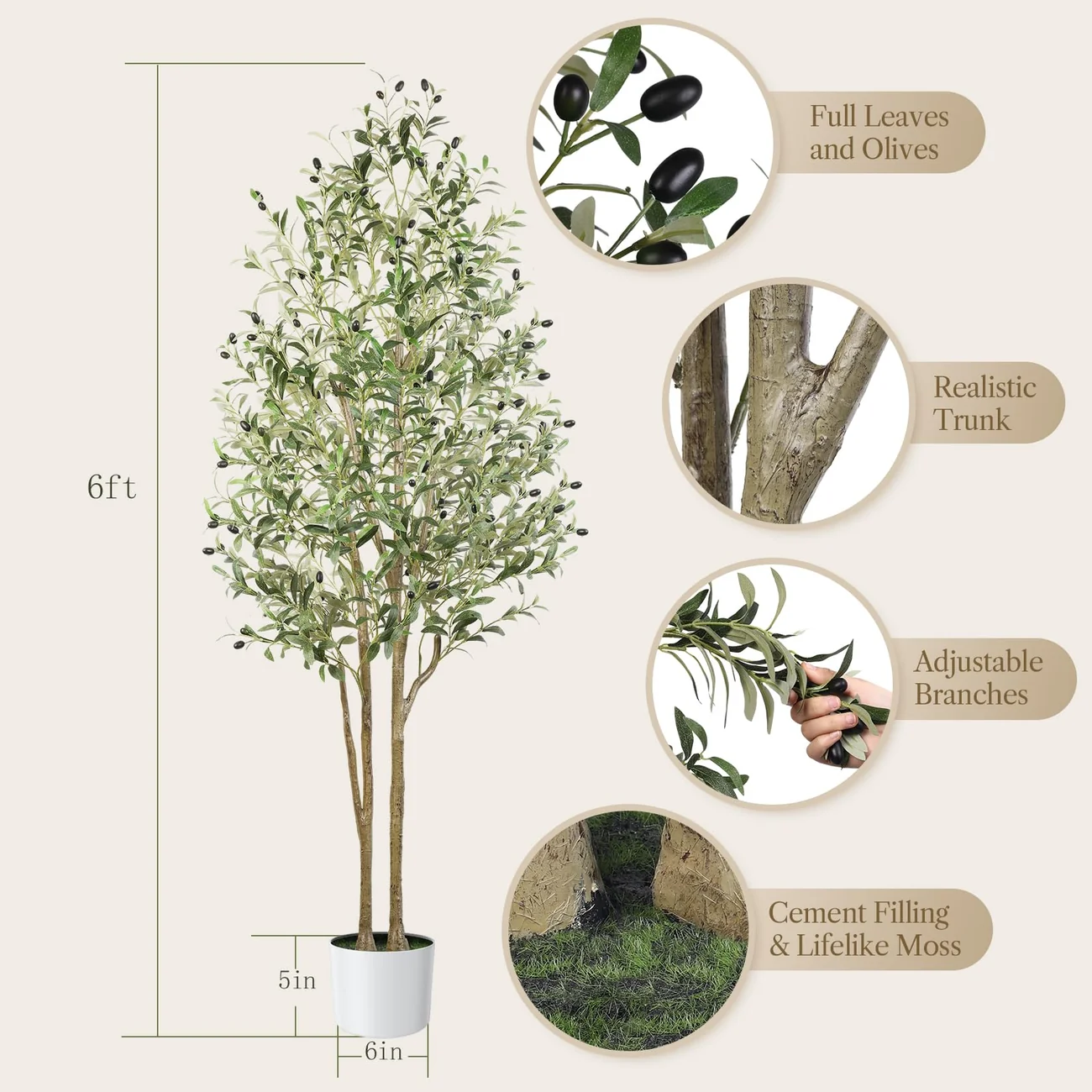 6FT Artificial Olive Tree with White Pot – 72-Inch Lifelike Faux Silk Plant - Image 3