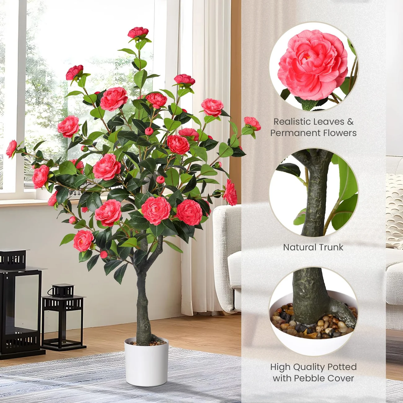 Pink Artificial Camellia Tree – 2-Pack Decorative Faux Tree Set - Image 3