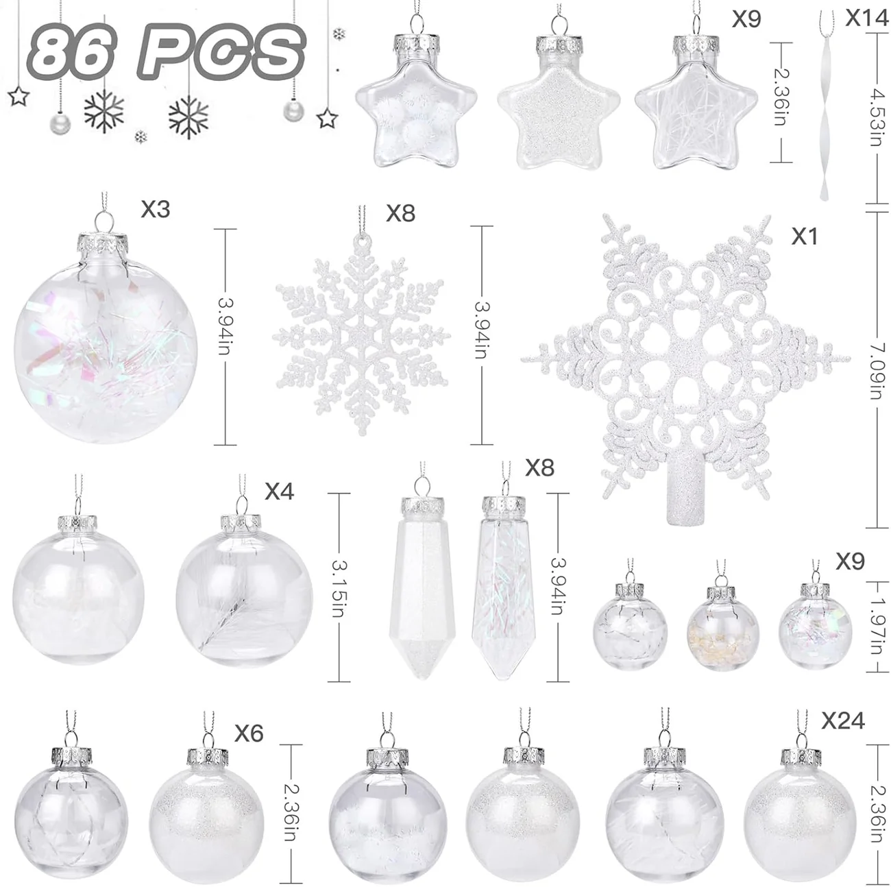 86PCS White Christmas Ornaments – Clear Christmas Tree Ornament Set - Image 5
